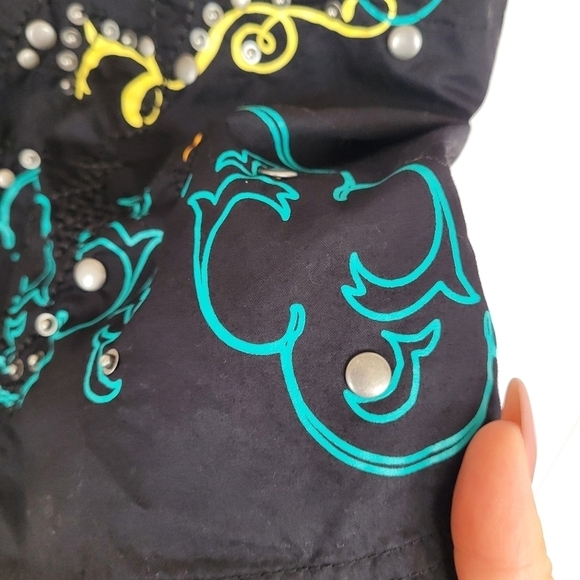 MNG Rare Graphic Rock n Roll Dancer Guitar Embroidered Studded Mini Dress XS - Picture 9 of 16